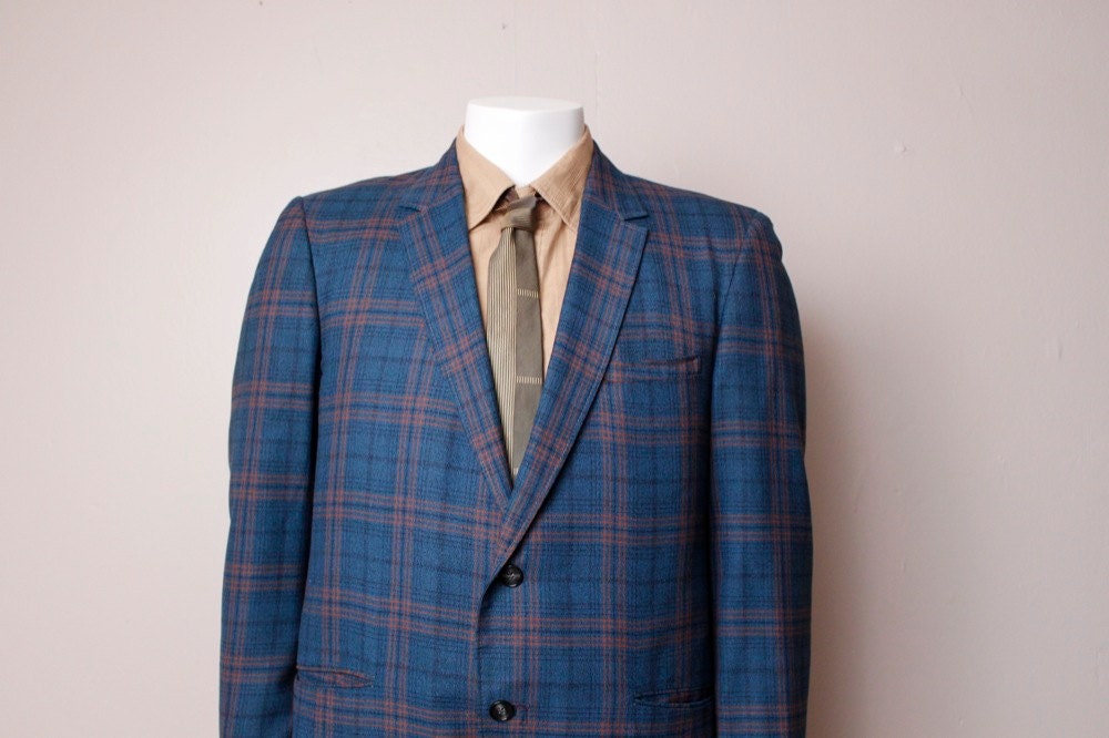 Vintage 1960's Towncraft Blue Plaid Suit Jacket Blazer Medium
