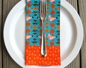 Reversible Cloth Napkins - Set of 4 - Cocktail, Picnic, Lunchbox, Party - Little Kukla Flowers and Birds