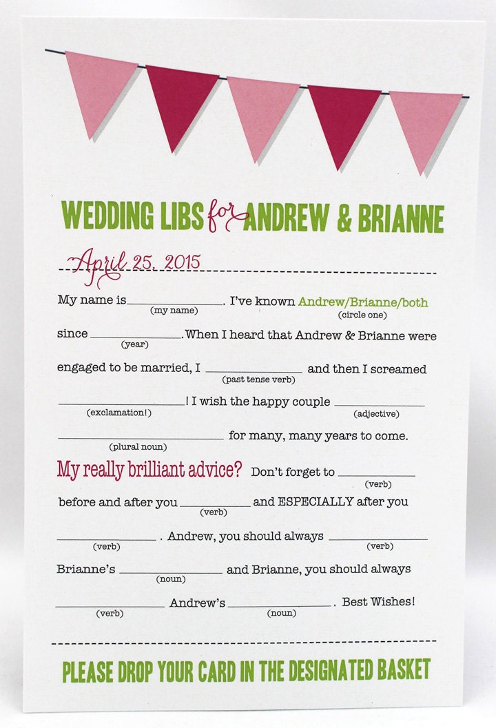 Wedding or Bridal Shower Mad Libs PDF FILE Print Yourself Colors are Customizable