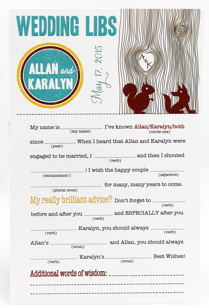 Wedding Mad Libs PDF FILE Print Yourself Cute Fox and Squirrel Colors are Customizable Digital File