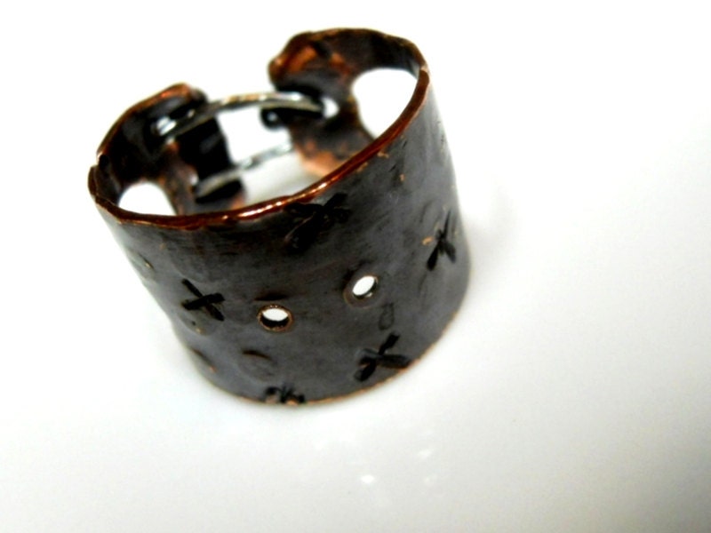 Weathered Copper & Sterling Wide Band Ring -  Dark Patina - OOAK