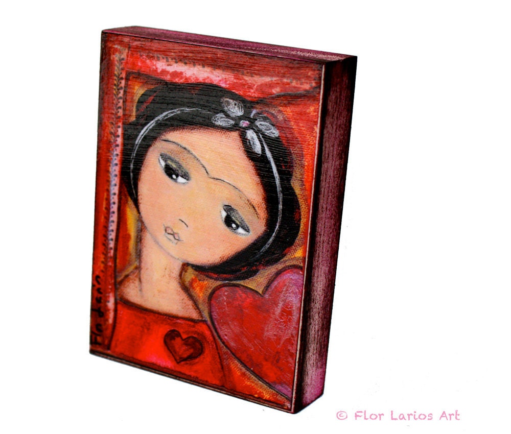 Always in Love - Giclee print mounted on Wood (5 x 7 inches) Folk Art  by FLOR LARIOS