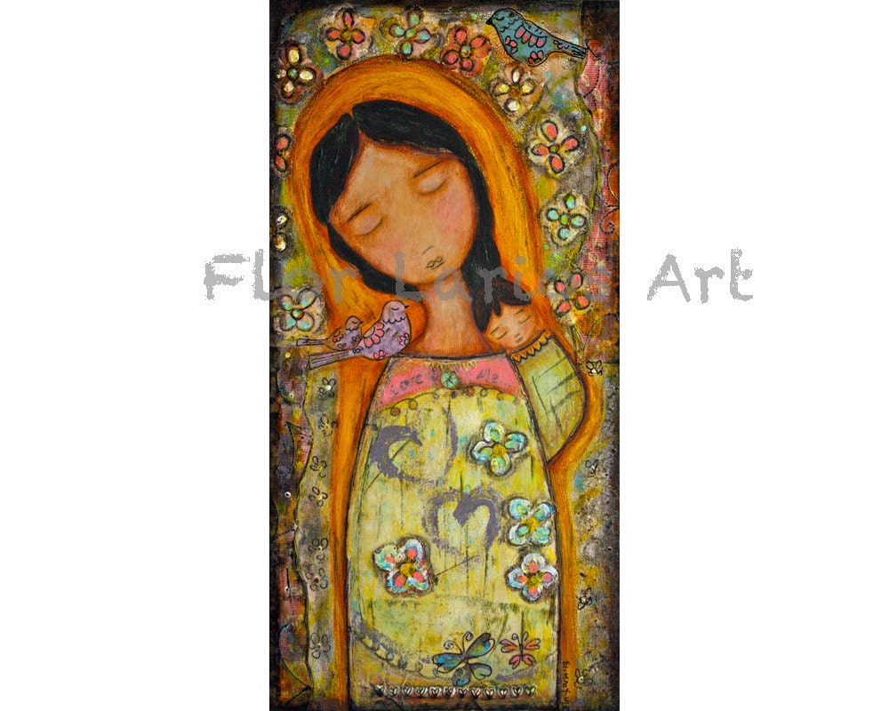 Mother of Peace -  Original Mixed Media Painting  on Wood Folk art by FLOR LARIOS  (12 x 24 Inches)
