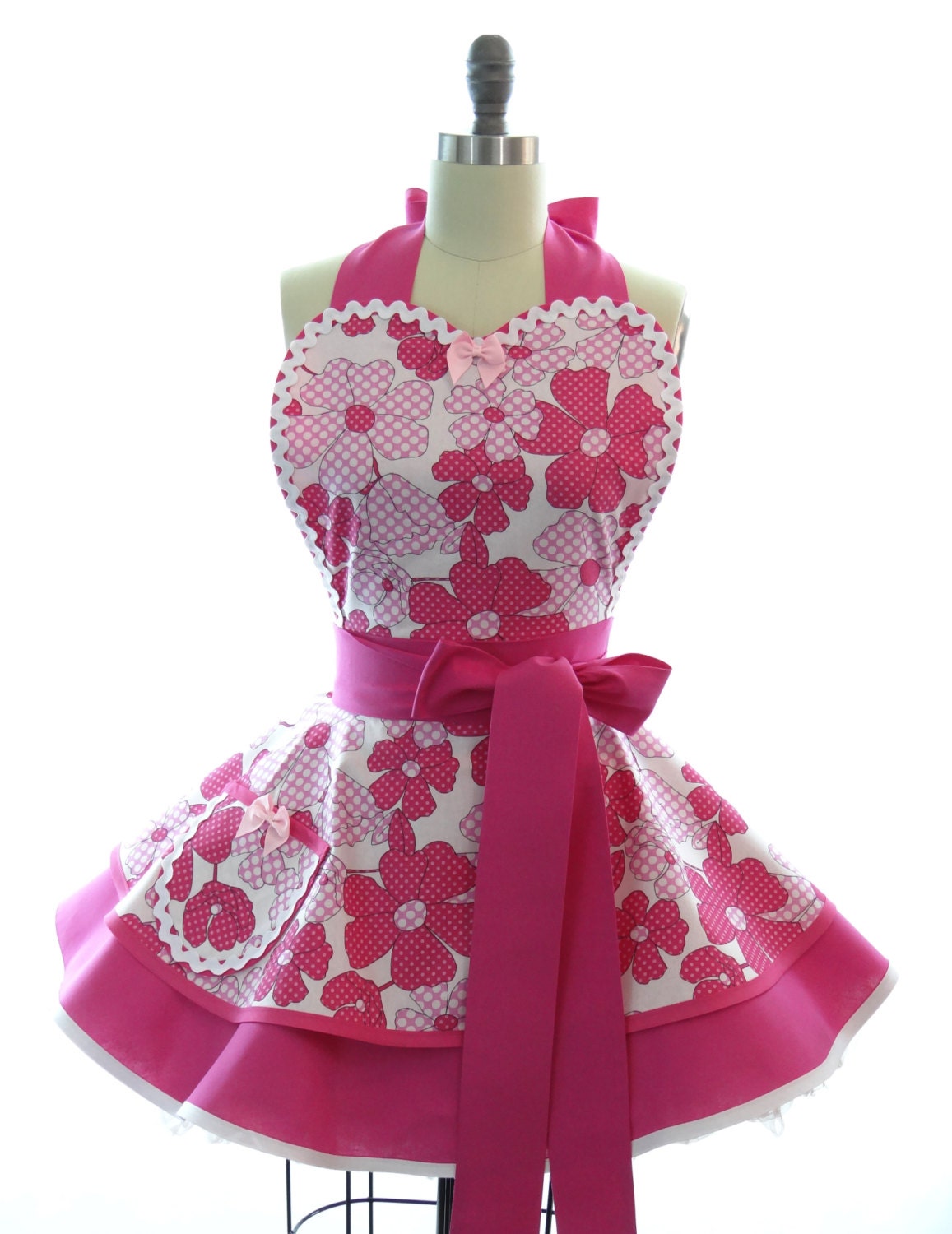 Retro Apron - Pink Floral Sexy Womans Aprons - Vintage Apron Style - Hot Pink Pin up Flowers Rockabilly Cosplay Lolita