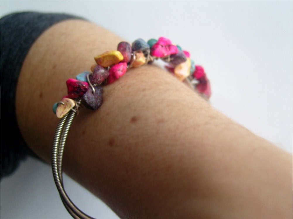 Guitar String Bangle - Upcycled Guitar string and jasper stone bracelet boho pink purple blue