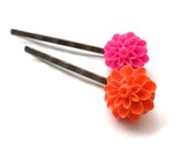 Hot Pink and Orange Resin Flower Bobby Pins, Set of Two