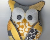 Plush Owl Pillow - patched owl- minky - yellow and grey