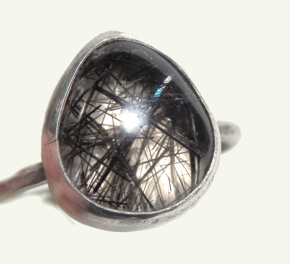Sterling silver and quartz ring with tourmaline needles