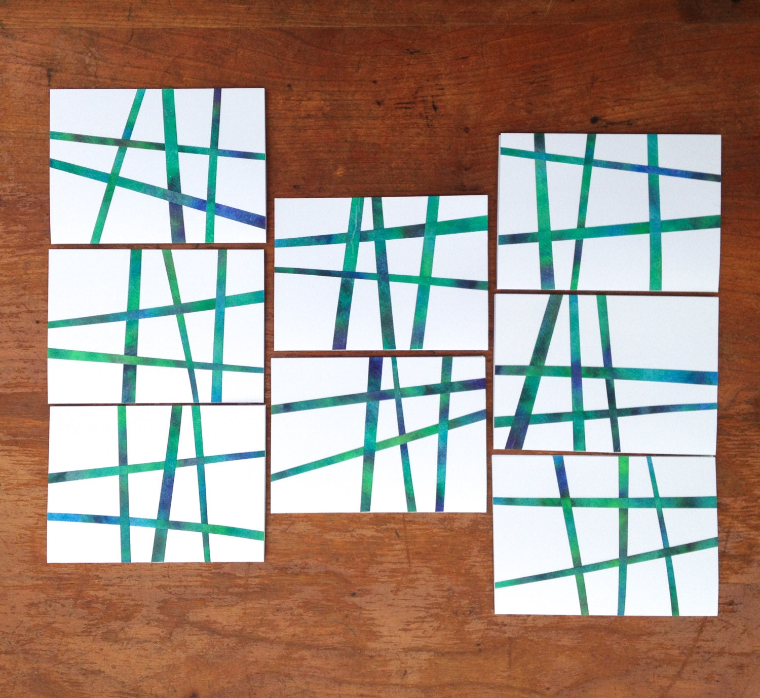 Note Cards Blank Handmade Paper Criss Cross Blue Green Abstract Stripes 5.5x4