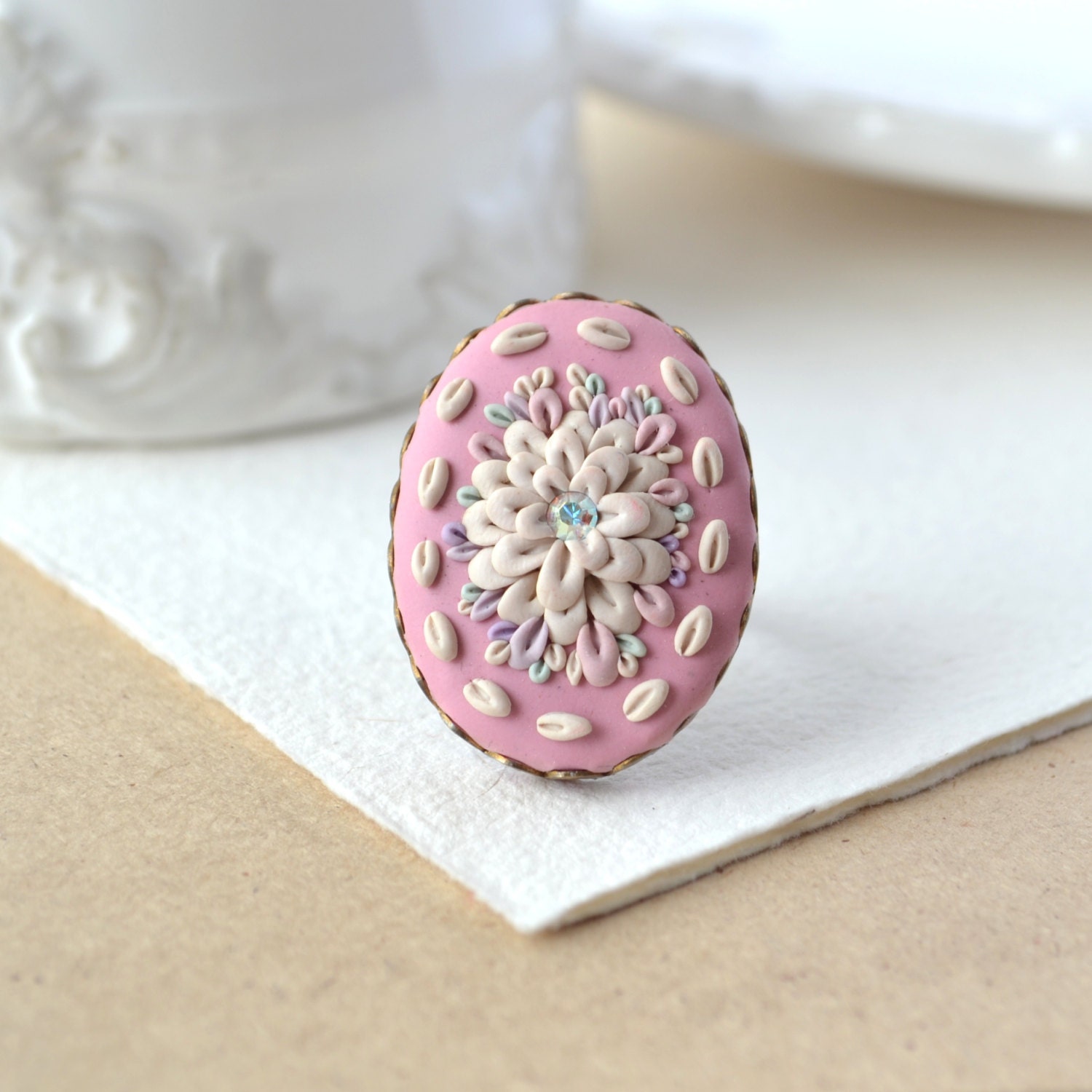 Pink flower ring - chunky ring - romantic jewelry - made to order