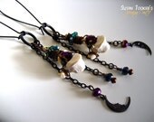 Wire Wrapped Bone Fetish Earrings Iridescent Crescent Charms Green Purple Crystal Beads Long Dangles TALISMAN MOON by Spinning Castle