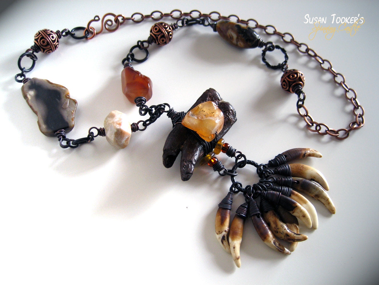 Horse Fossil Coyote Teeth Amulet Necklace Carnelian Petrified Wood Copper Talisman Pagan Rustic Pendant SHAMAN SPIRITS by Spinning Castle