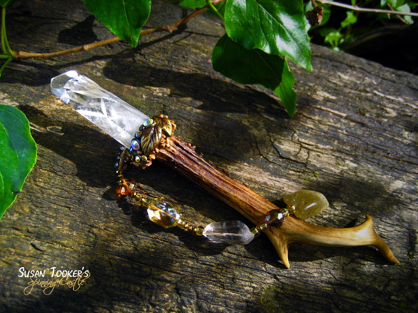 Magic Crystal Wand Roe Deer Antler Talisman Phantom Quartz Gold Rutile Pagan Altar Wiccan Celtic FOREST FAUN by Spinning Castle
