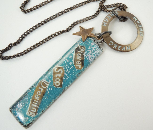Never Stop Dreaming Collage Necklace, Bright blue, longer necklace