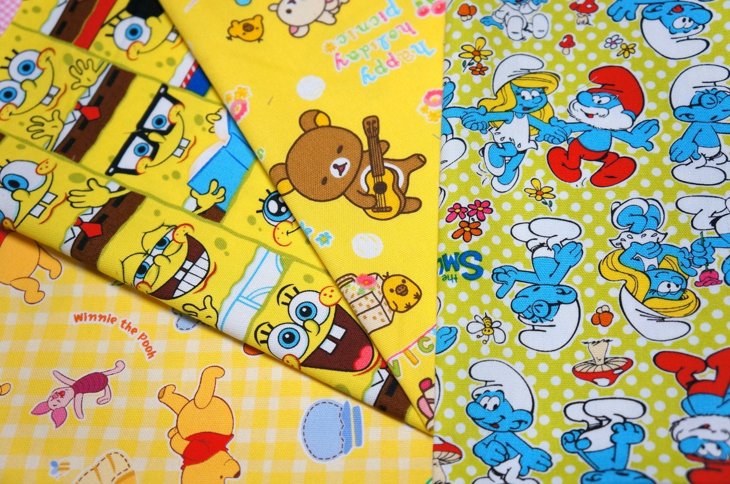 Cartoon Character fabric Scrap Pooh Spongebob Rilakkuma and Smurf   MAR1