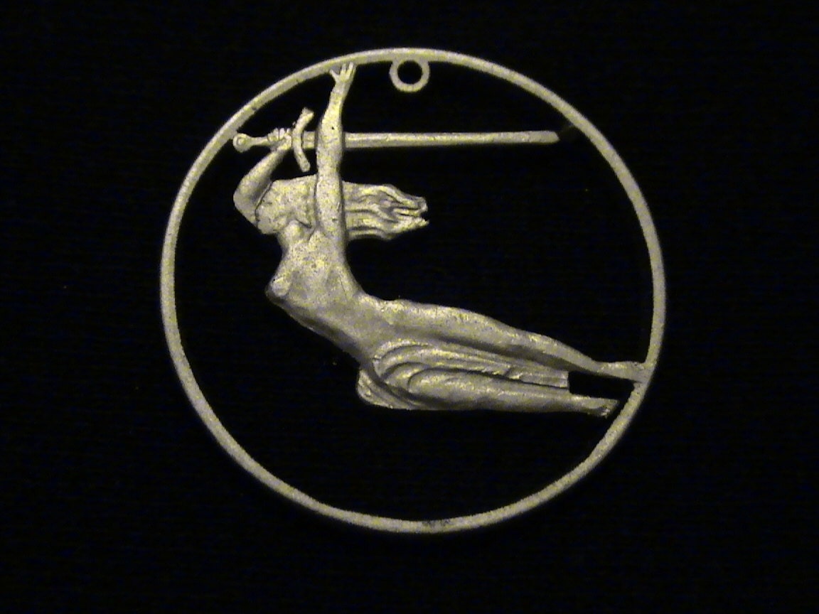 Poland 1965 - cut coin pendant - w/ Nike of Warsaw with Sword, for the 700th anniversary of Warsaw