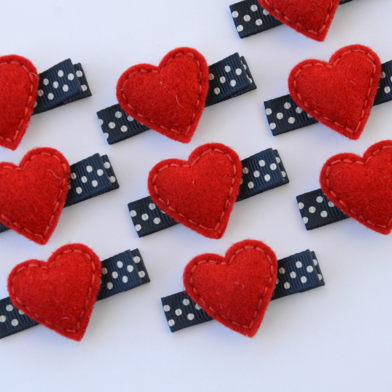 Small red heart felt clip - navy and white polka dots - Perfect for Memorial Day, Fourth of July, Labor Day or any day