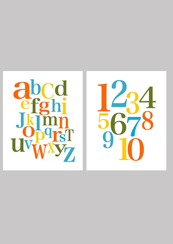 ABC and Numbers - set of two - nursery art - choose your color - digital print - 8x10 on A4