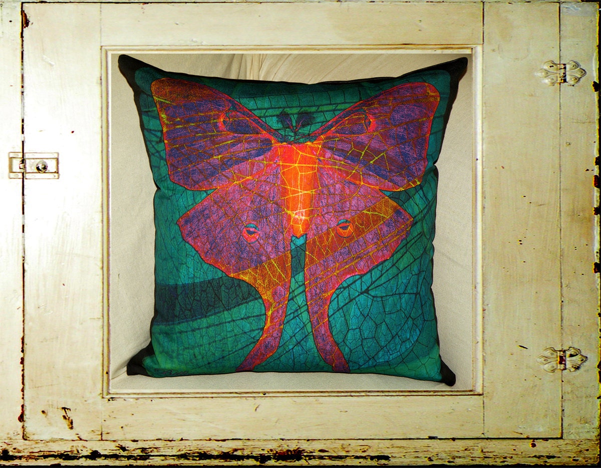Decorative Pillow Cover - "Luna Moth Nouveaux" - Fiber Art - Hand Made - Fits 18x18 Insert - original design