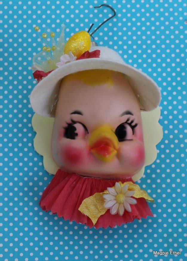 Vintage Style, Half Doll Head Easter Chick, with Salmon Collar, Yellow Bow