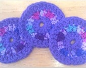 Handmade Crocheted Round Purple and Multi -Colored Coasters, Face Scrubbies