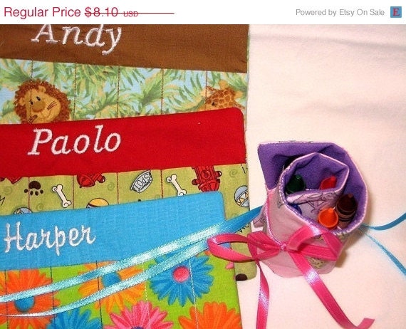 SALE Personalized toddler crayon roll for 8 large crayons with ribbon closure  birthday Party Favors Quantity discounts