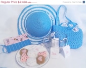 SALE Gift in a box- blue pretend dress up tea party felt food set Hat, Purse, crayon roll, felt play food cookie tea set