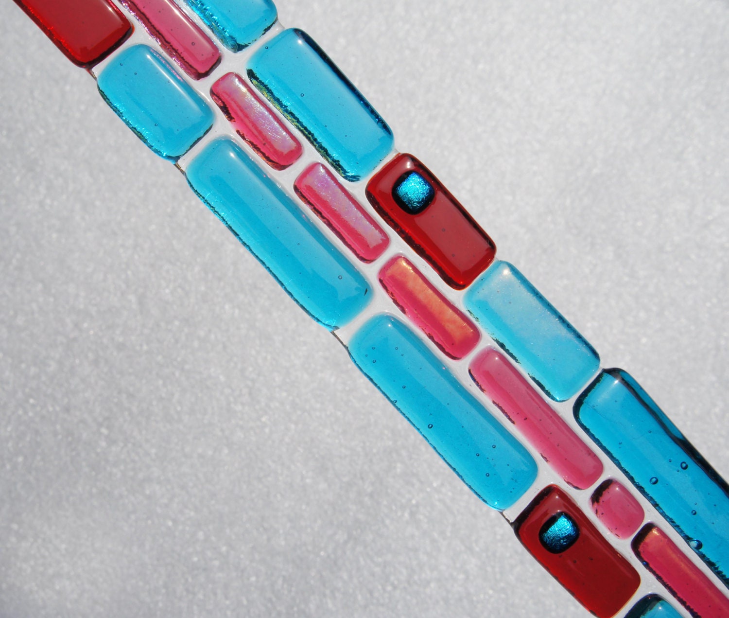 Red Pink Turquoise Suncatcher Home Decor, Garden Art, Outdoor Decor, Fused Glass Art, 1 x 8