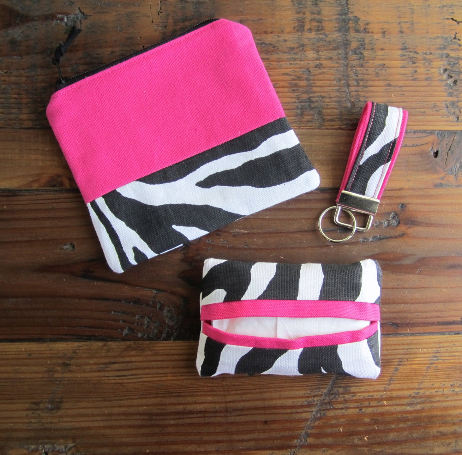 Coin Purse, Keychain, Tissue Case: Organize Your Purse Kit in Zebra Print & Hot Pink.