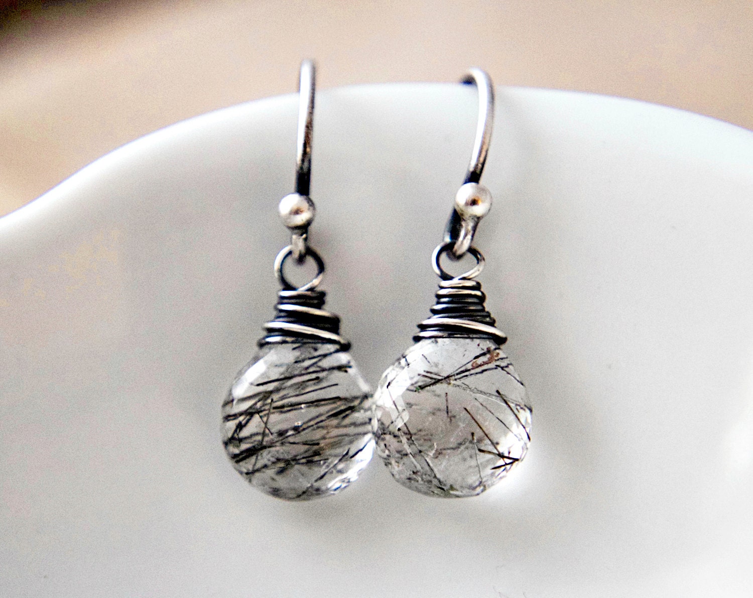 Silver Earrings Tourmalinated Quartz Storm Dangle PoleStar Black and White