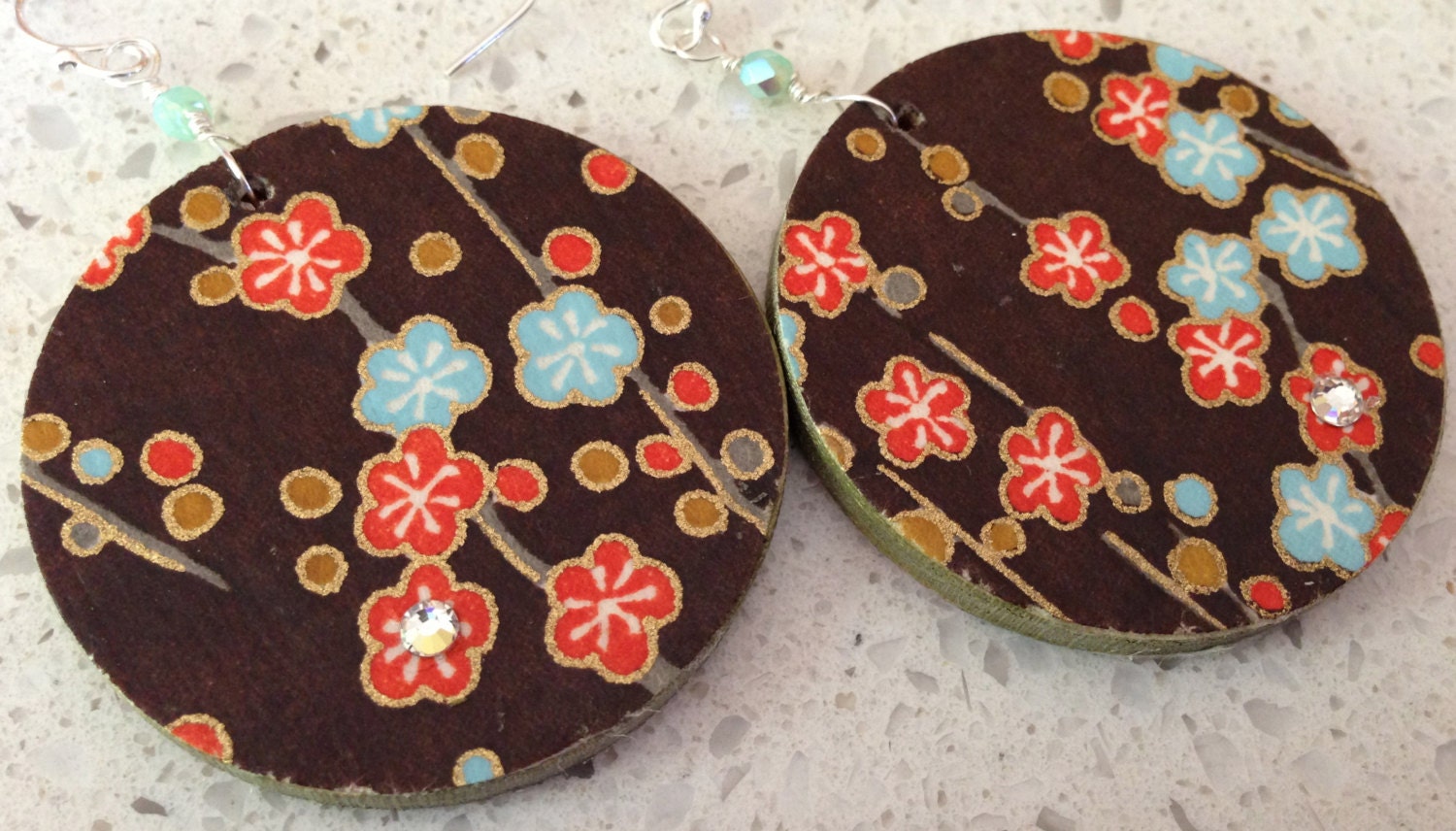 Plum Blossom Decoupage Earrings - Cocoa, Coral and Aqua