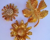Trio of Nature Inspired Vintage Gold Pins