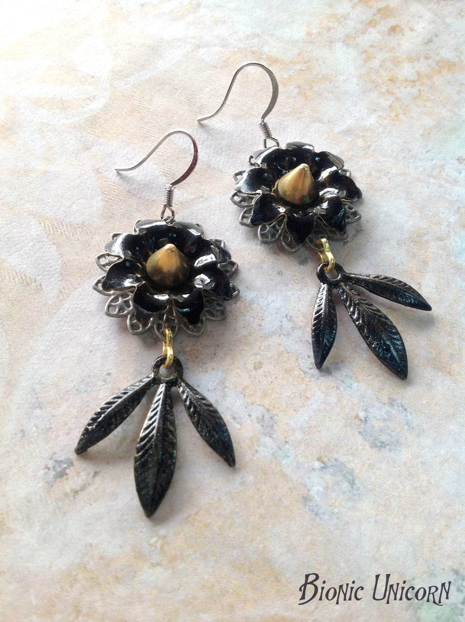 Coven of Crows Steampunk Earrings - Gold Spikes with Black Flowers and Claw Shaped Leaves