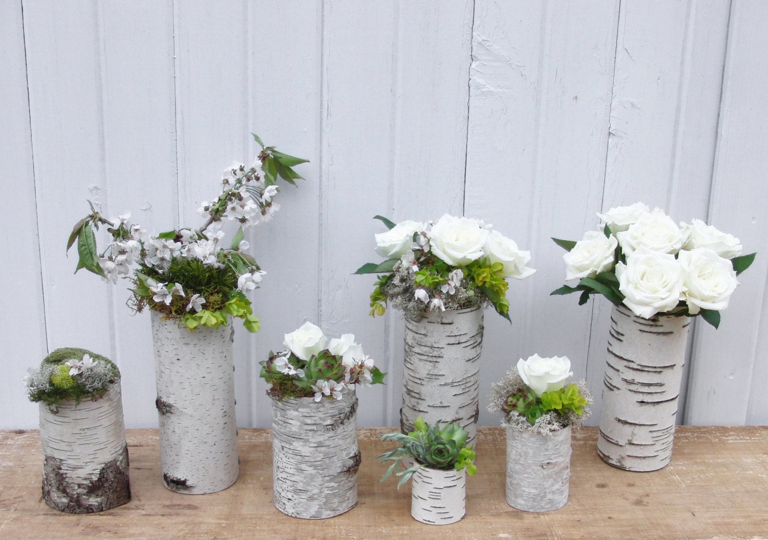 Sale, Collection of 7 birch bark vases/candle holders