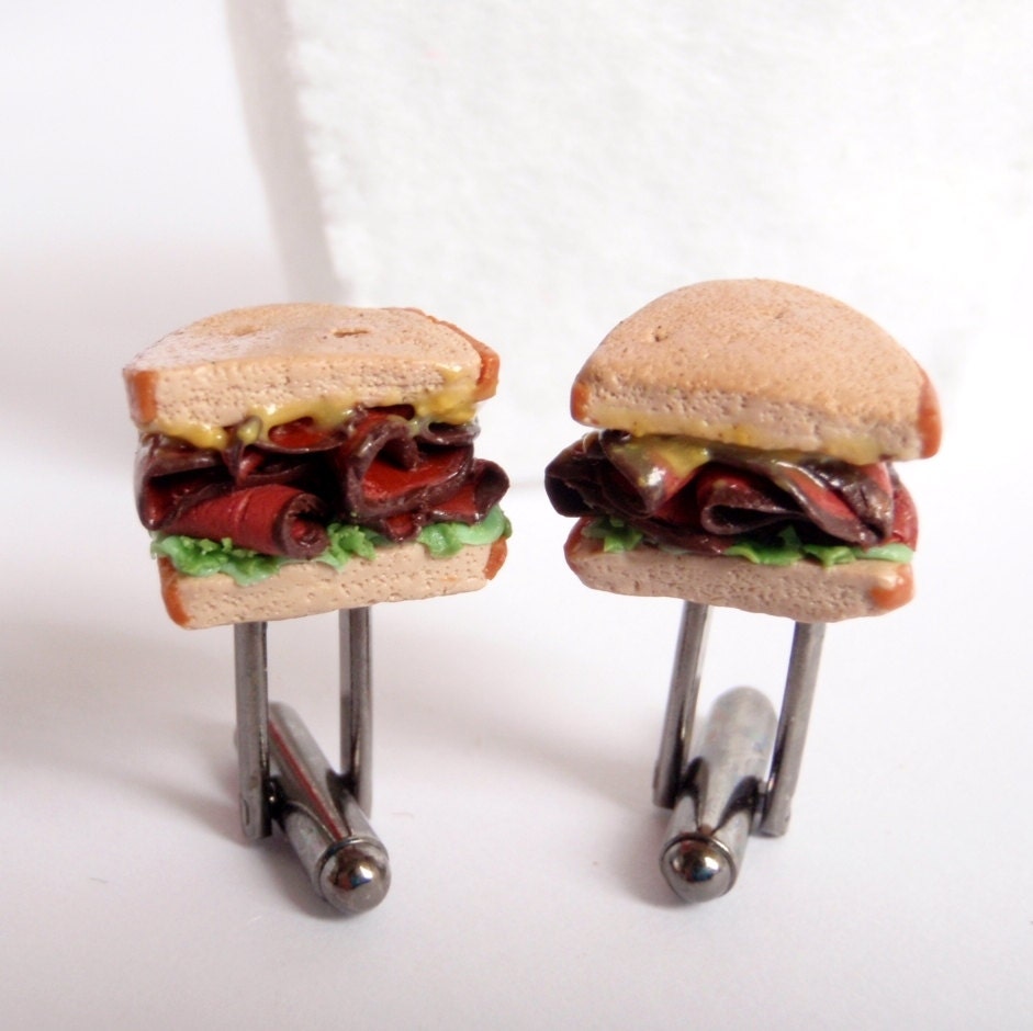 Pastrami Sandwich Cufflinks - Miniature Food Art Jewelry Collectable - Schickie Mickie Original 100% Handmade
