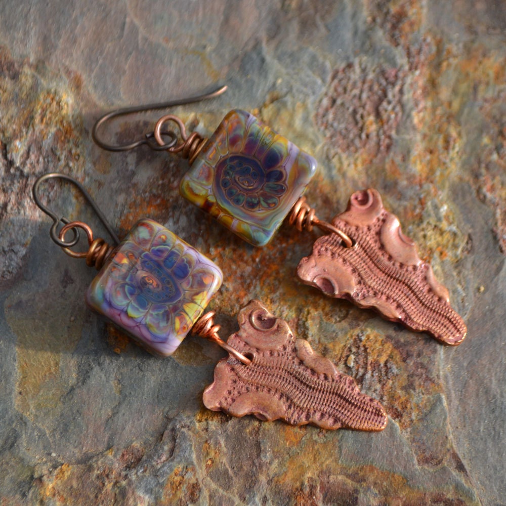Copper Snakeskin Wavy Triangles and Lampwork Glass Earrings