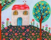 Folk Art, Little House Painting, Baby Nursery Decor, Nursery Art Print on Wood, Home Decor