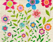 Bohemian Flowers Art Print, Mixed Media Large Poster Print 20 x 20 Inches, Nursery Decor, Home Decor