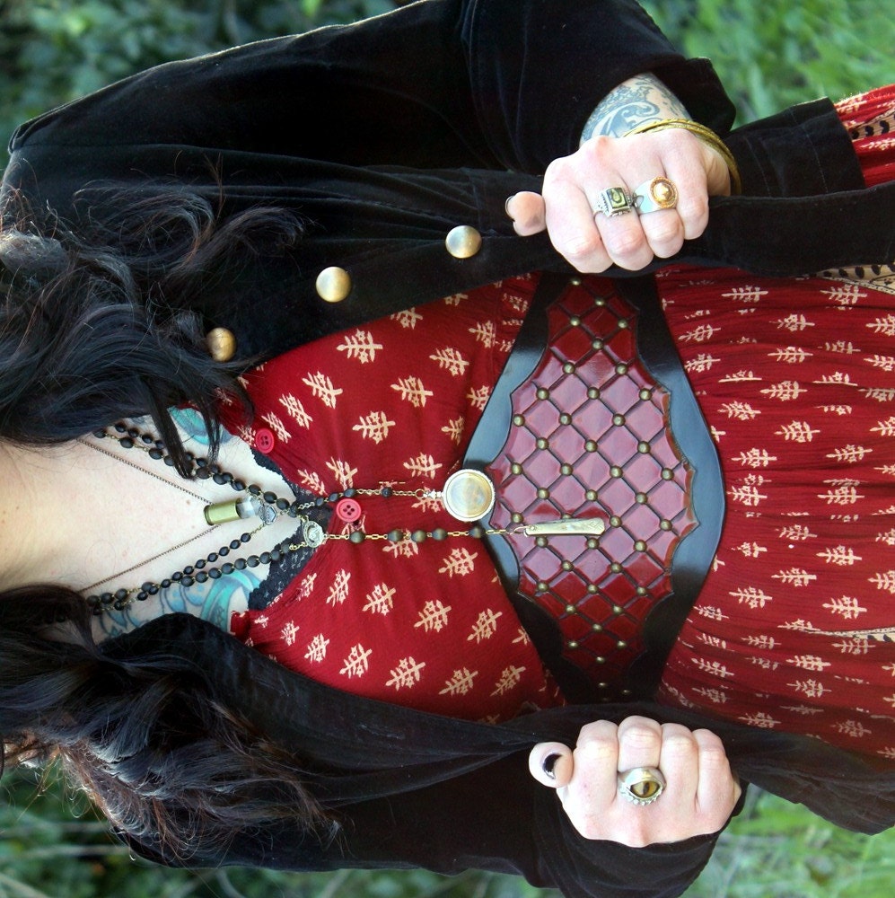 Harlequin... Handmade Studded Black and Red Leather Ribbon Laced Belt