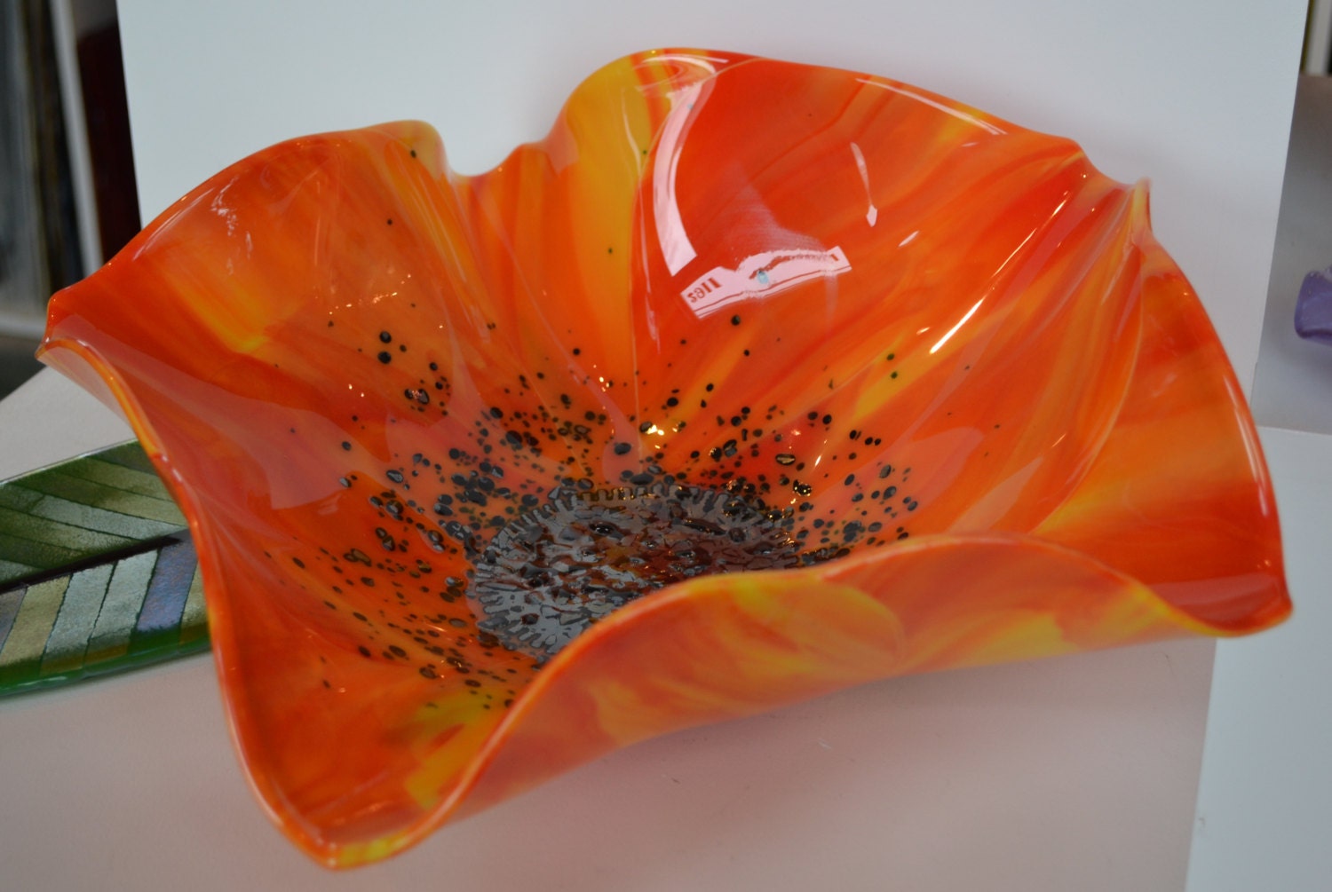 Fused Glass Free Form Poppy Bowl - Orange - Red - Yellow - Mother's Day