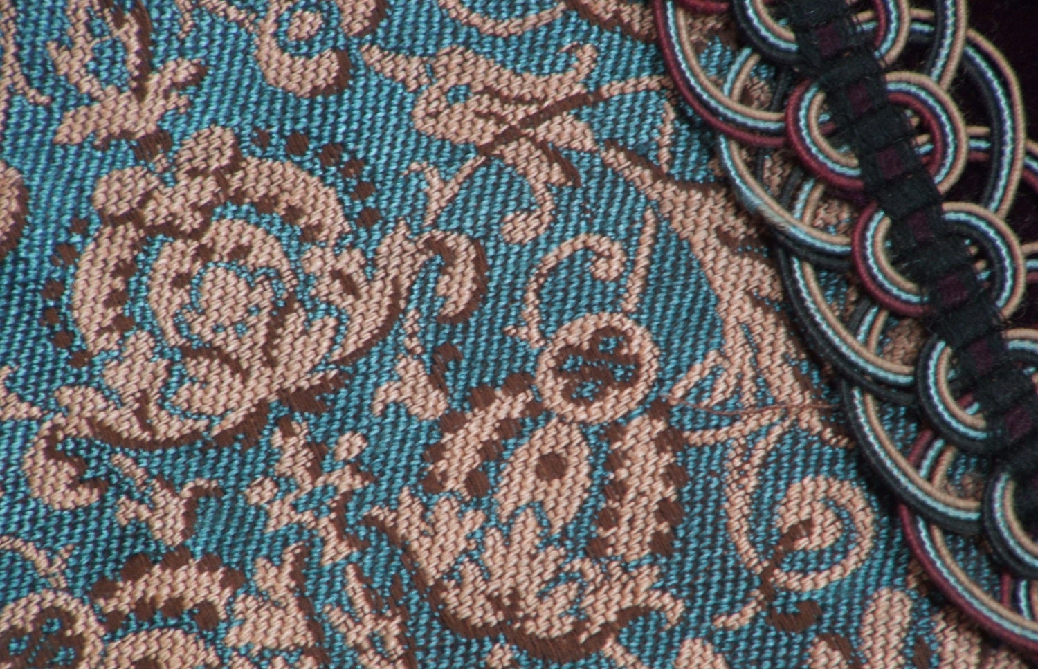 Victorian Window Treatment/ Aqua Beige Burgundy/ Rich Tapestry Drapery / Braids Tassel Fringe