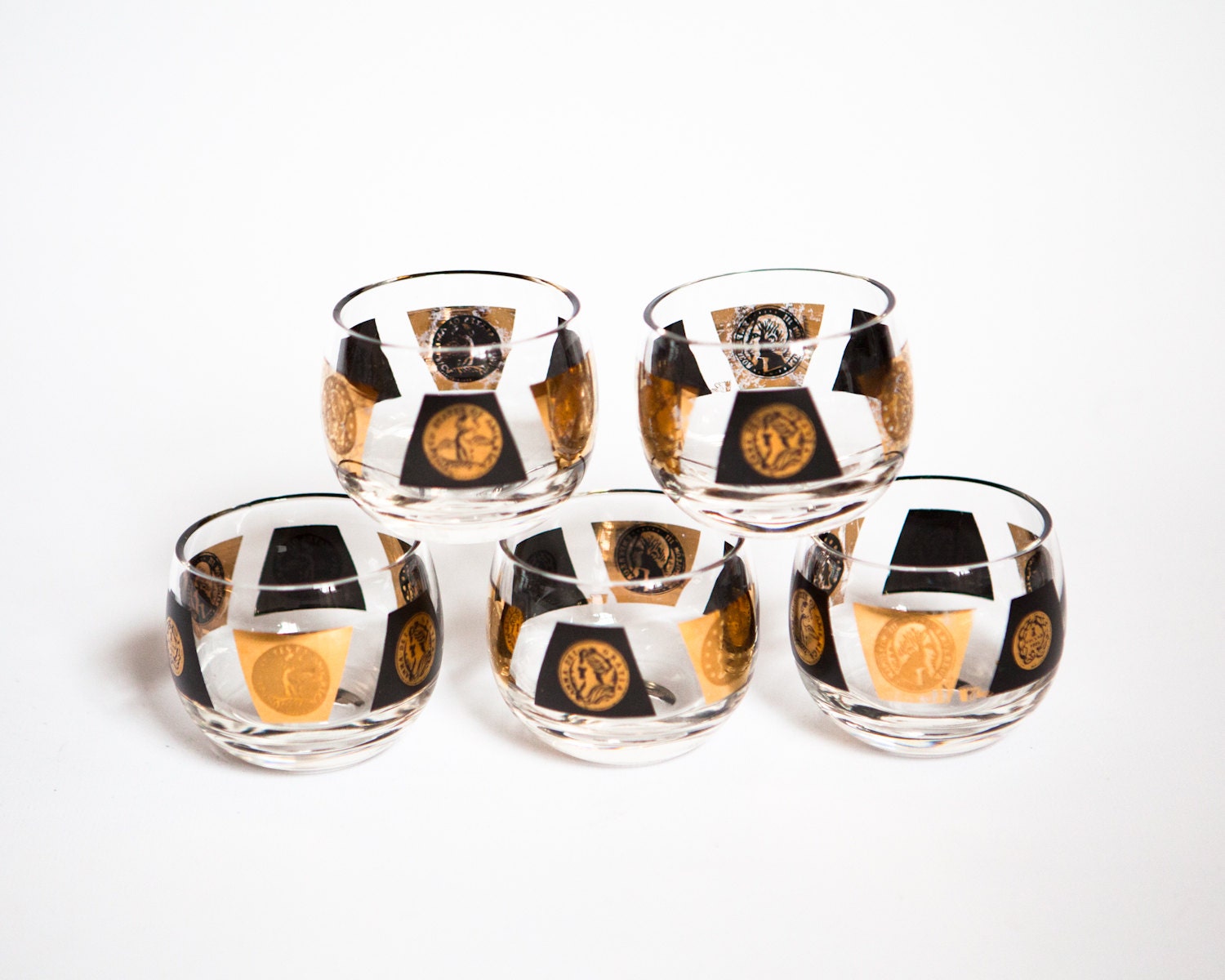 Vintage Mid Century Cora Black and Gold Coin Pattern Mini Roly Poly Glasses