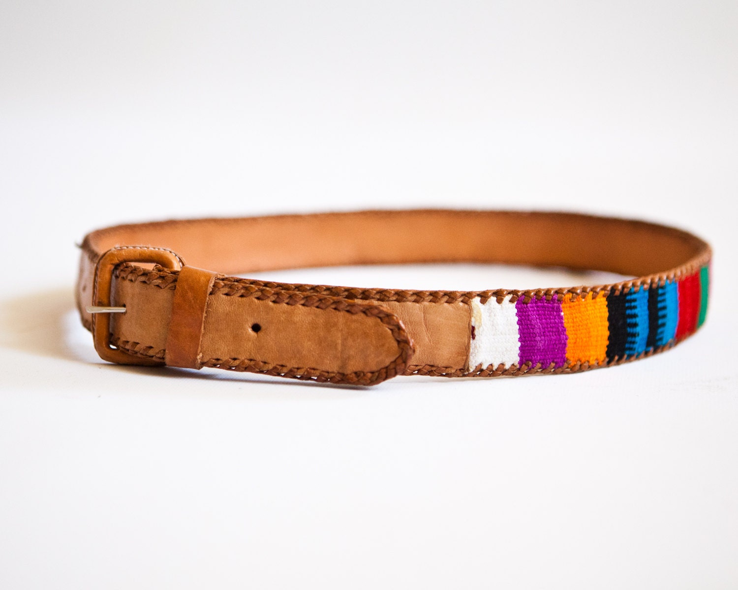 Vintage Woven Guatemalan Belt Woven Color Block and Leather 28"-34"
