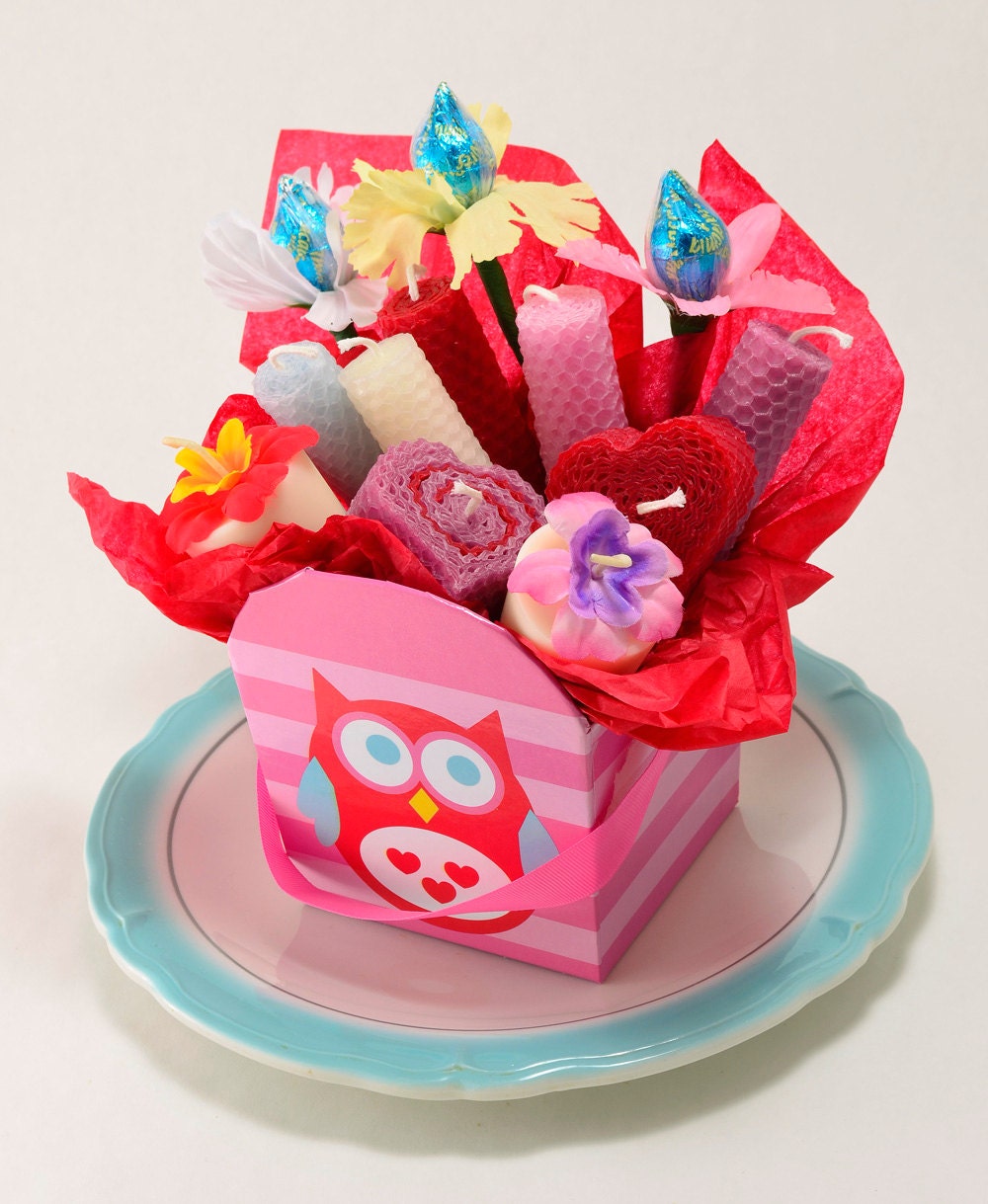 Owl Gift Basket Candles and Candy Chocolate Flowers Basket Gift Candles Gift Basket Handmade Beeswax Candles Soy Candles Handmade Owl Design