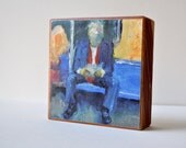 Art Oil Painting New York City Man Reading Newspaper Subway Rider Mounted PRINT on Redwood Block