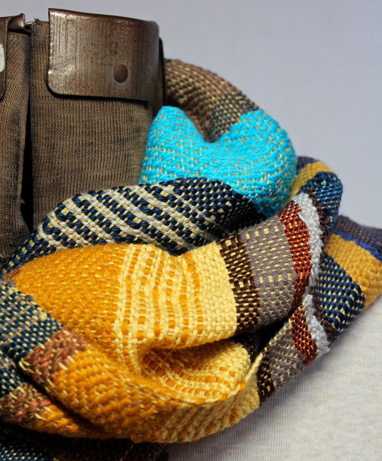 Willa - Handwoven Sailor Blue, Chocolate and Saffron Scarf