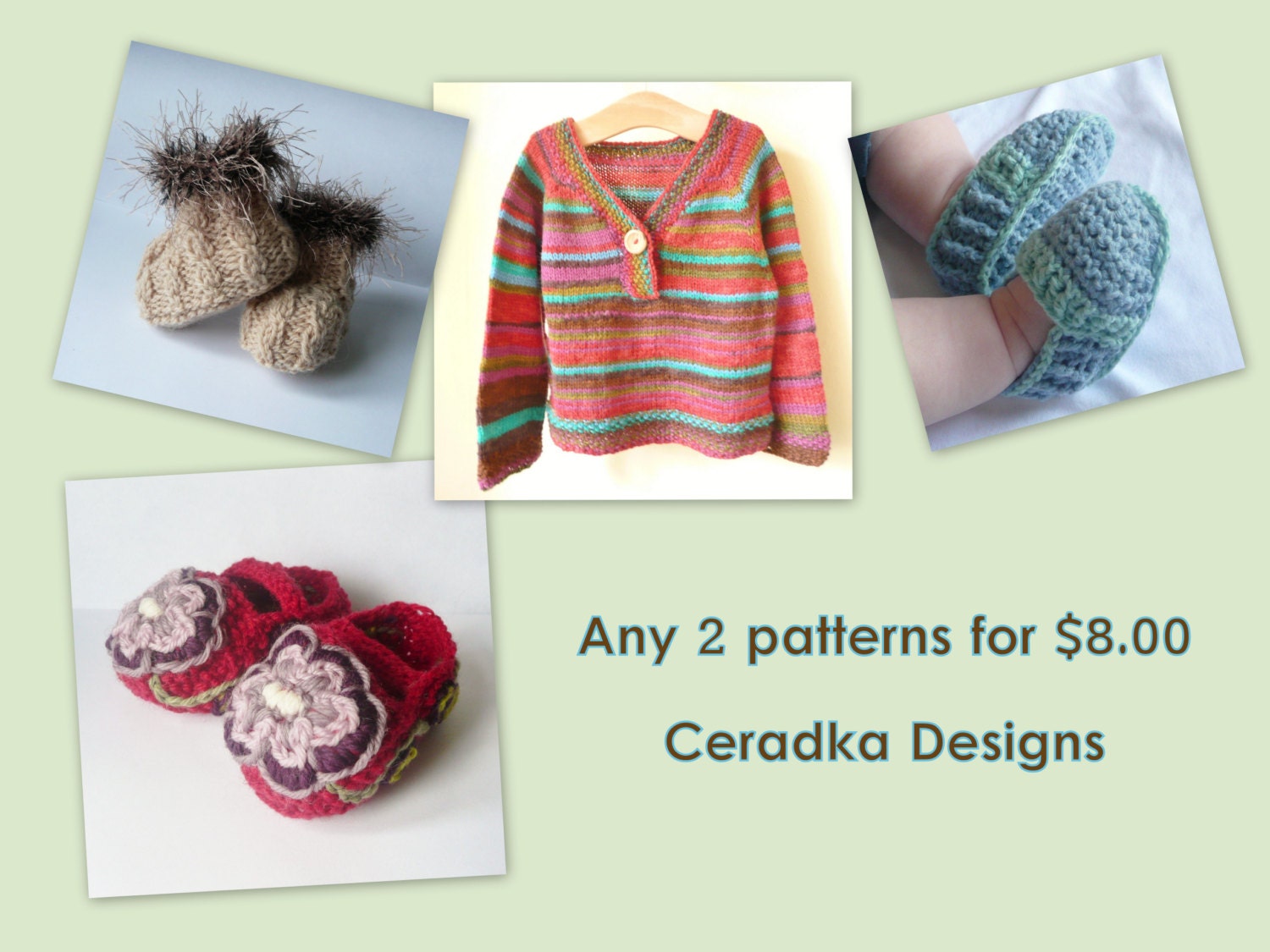 Any 2 KNITTING PATTERNS for 8 Dollars BABY Booties Shoe Hats Gloves Mittens .......