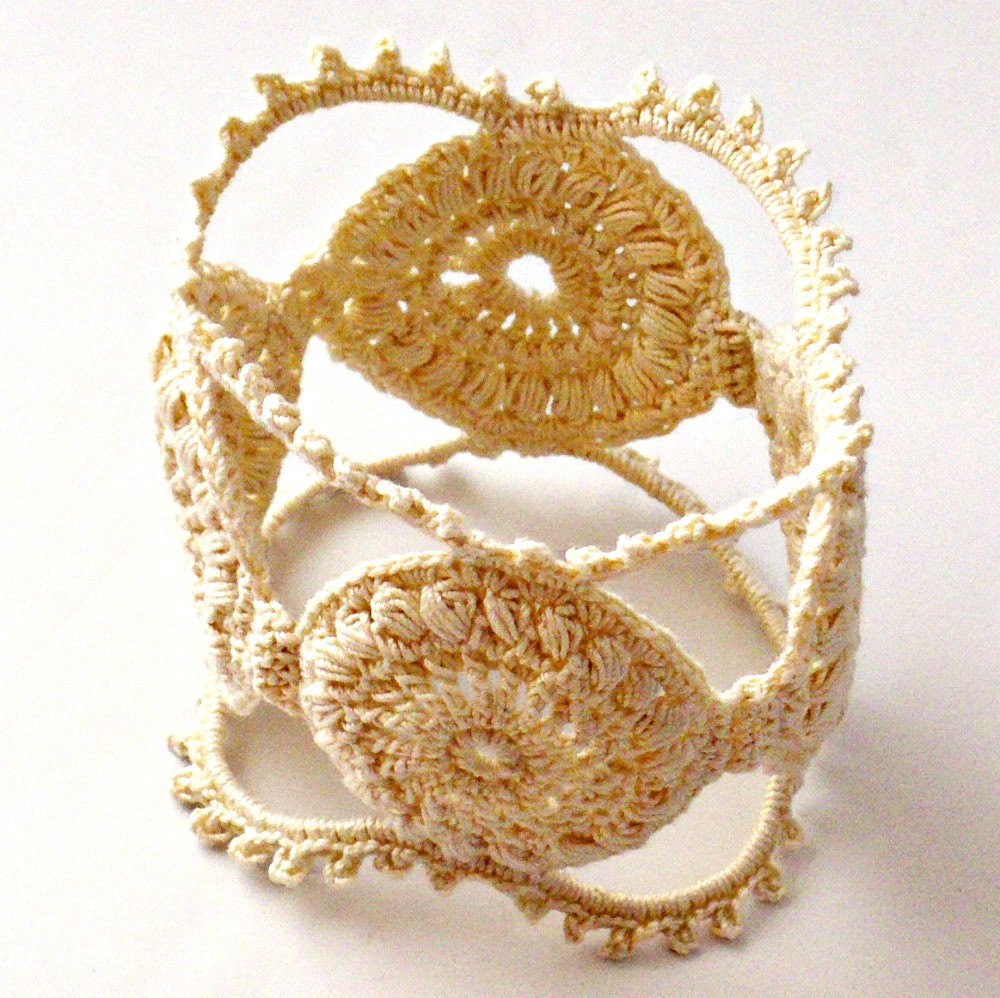 Crochet Bracelet Fiber Bracelet Irish Lace Cuff Medallion Fine Thread Bangle Beige