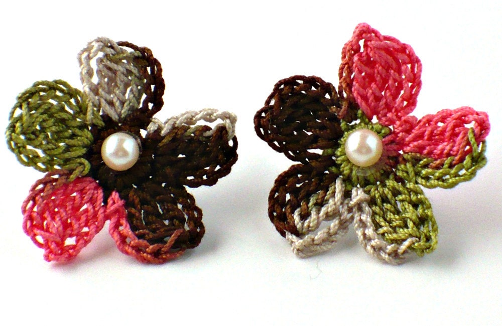 Crochet Flower Earrings Crochet Earrings Stud Earrings Hypoallergenic Chocolate Brown Salmon Olive Green Beige