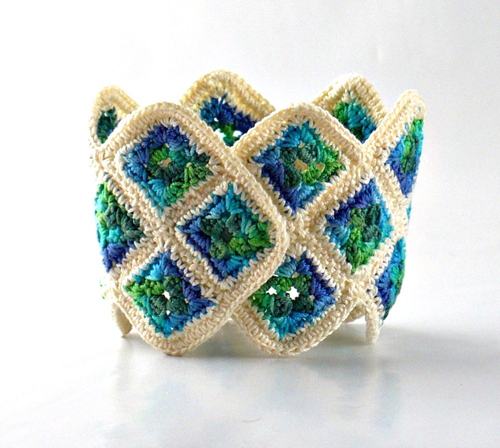 Crochet Cuff Bracelet Fiber Bracelet Miniature Granny Square Crochet Bracelet in Ecru Green Blue